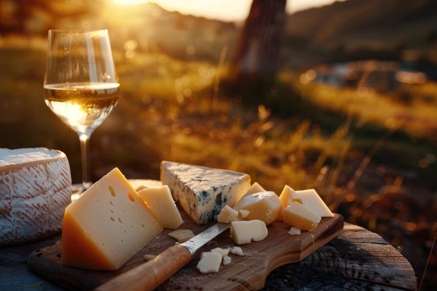 Im Freien: eine Käseplatte und ein Glas Weißwein